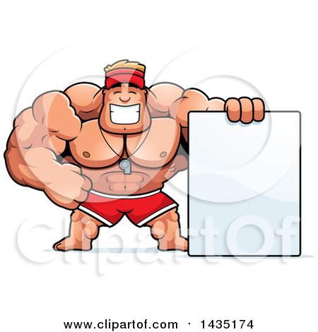 Clipart of a Cartoon Buff Muscular Male Lifeguard with a Blank Sign - Royalty Free Vector Illustration by Cory Thoman