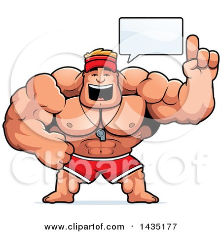 Clipart of a Cartoon Buff Muscular Male Lifeguard Talking - Royalty Free Vector Illustration by Cory Thoman