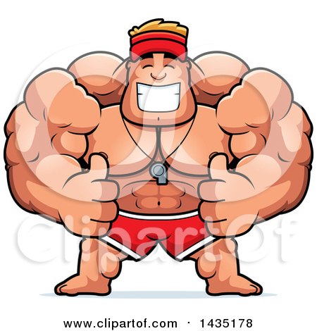 Clipart of a Cartoon Buff Muscular Male Lifeguard Giving Two Thumbs up - Royalty Free Vector Illustration by Cory Thoman