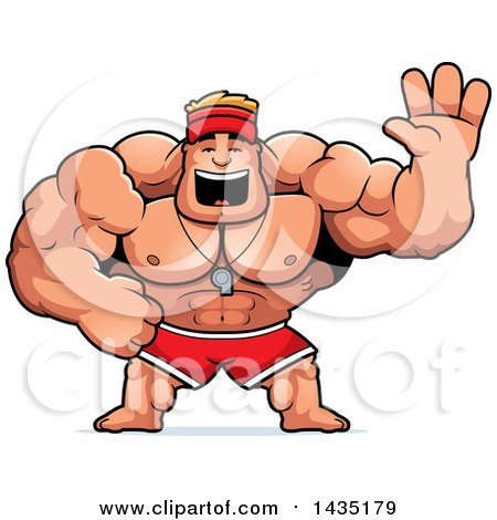 Clipart of a Cartoon Buff Muscular Male Lifeguard Waving - Royalty Free Vector Illustration by Cory Thoman