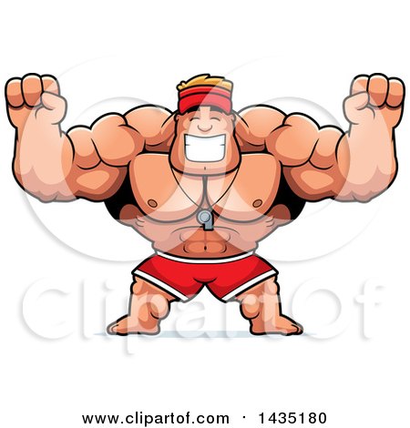 Clipart of a Cartoon Buff Muscular Male Lifeguard Cheering - Royalty Free Vector Illustration by Cory Thoman