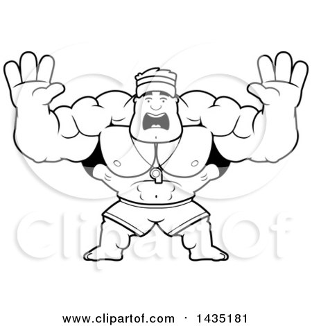Clipart of a Cartoon Black and White Lineart Buff Muscular Male Lifeguard Holding His Hands up and Screaming - Royalty Free Vector Illustration by Cory Thoman