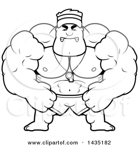 Clipart of a Cartoon Black and White Lineart Mad Buff Muscular Male Lifeguard - Royalty Free Vector Illustration by Cory Thoman