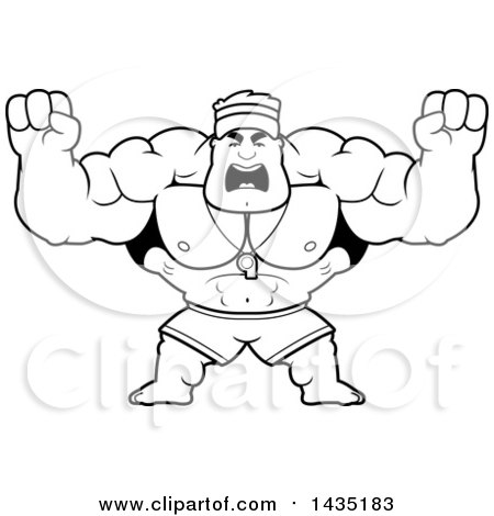 Clipart of a Cartoon Black and White Lineart Buff Muscular Male Lifeguard Holding His Fists in Balls of Rage - Royalty Free Vector Illustration by Cory Thoman