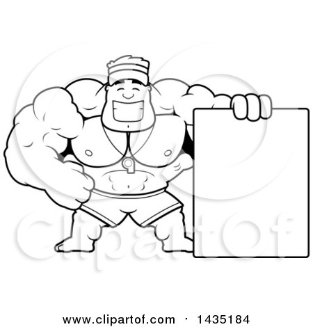 Clipart of a Cartoon Black and White Lineart Buff Muscular Male Lifeguard with a Blank Sign - Royalty Free Vector Illustration by Cory Thoman