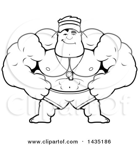 Clipart of a Cartoon Black and White Lineart Smug Buff Muscular Male Lifeguard - Royalty Free Vector Illustration by Cory Thoman