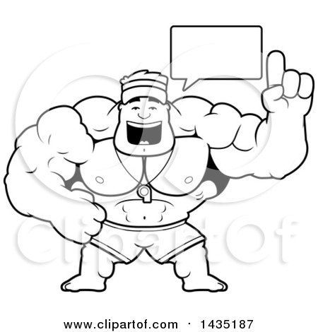 Clipart of a Cartoon Black and White Lineart Buff Muscular Male Lifeguard Talking - Royalty Free Vector Illustration by Cory Thoman