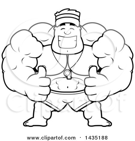 Clipart of a Cartoon Black and White Lineart Buff Muscular Male Lifeguard Giving Two Thumbs up - Royalty Free Vector Illustration by Cory Thoman