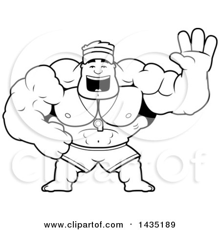 Clipart of a Cartoon Black and White Lineart Buff Muscular Male Lifeguard Waving - Royalty Free Vector Illustration by Cory Thoman