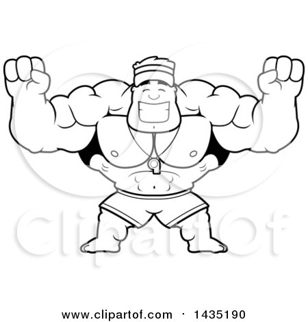 Clipart of a Cartoon Black and White Lineart Buff Muscular Male Lifeguard Cheering - Royalty Free Vector Illustration by Cory Thoman
