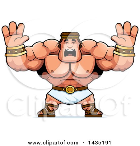 Clipart of a Cartoon Buff Muscular Hercules Holding His Hands up and Screaming - Royalty Free Vector Illustration by Cory Thoman