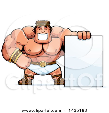Clipart of a Cartoon Buff Muscular Hercules with a Blank Sign - Royalty Free Vector Illustration by Cory Thoman