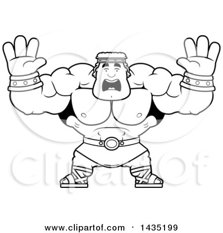 Clipart of a Cartoon Black and White Lineart Buff Muscular Hercules Holding His Hands up and Screaming - Royalty Free Vector Illustration by Cory Thoman