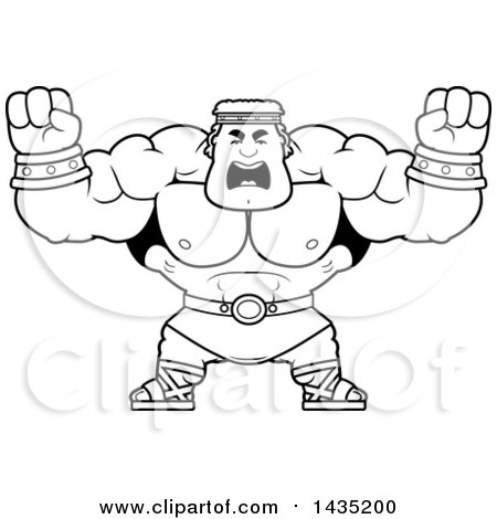 Clipart of a Cartoon Black and White Lineart Buff Muscular Hercules Holding His Fists in Balls of Rage - Royalty Free Vector Illustration by Cory Thoman