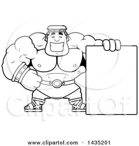 Clipart of a Cartoon Black and White Lineart Buff Muscular Hercules with a Blank Sign - Royalty Free Vector Illustration by Cory Thoman