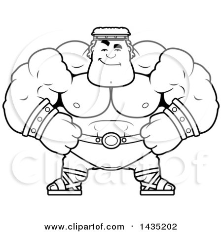 Clipart of a Cartoon Black and White Lineart Smug Buff Muscular Hercules - Royalty Free Vector Illustration by Cory Thoman