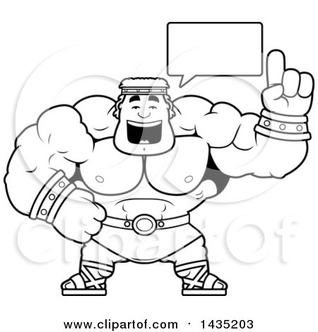 Clipart of a Cartoon Black and White Lineart Buff Muscular Hercules Talking - Royalty Free Vector Illustration by Cory Thoman
