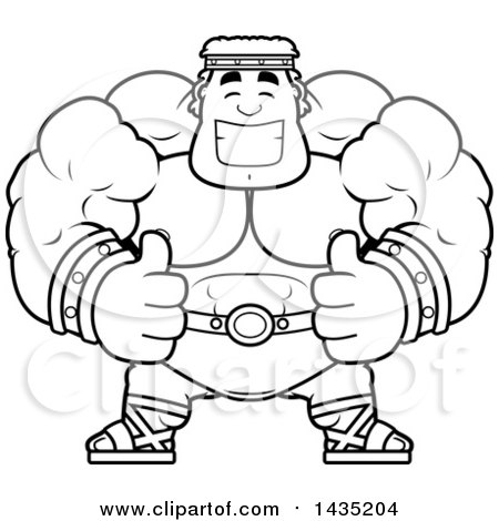 Clipart of a Cartoon Black and White Lineart Buff Muscular Hercules Giving Two Thumbs up - Royalty Free Vector Illustration by Cory Thoman
