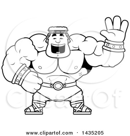 Clipart of a Cartoon Black and White Lineart Buff Muscular Hercules Waving - Royalty Free Vector Illustration by Cory Thoman