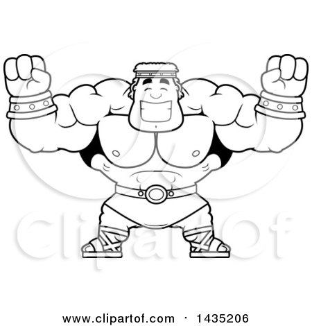Clipart of a Cartoon Black and White Lineart Buff Muscular Hercules Cheering - Royalty Free Vector Illustration by Cory Thoman