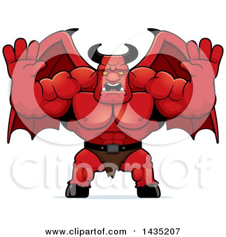 Clipart of a Cartoon Buff Muscular Demon Holding His Hands up and Screaming - Royalty Free Vector Illustration by Cory Thoman
