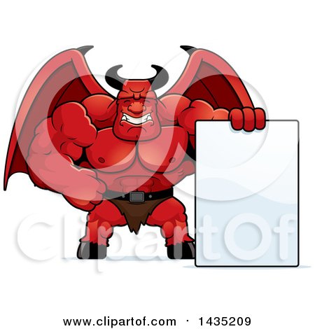 Clipart of a Cartoon Buff Muscular Demon with a Blank Sign - Royalty Free Vector Illustration by Cory Thoman