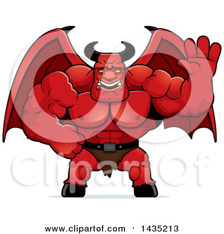 Clipart of a Cartoon Buff Muscular Demon Waving - Royalty Free Vector Illustration by Cory Thoman