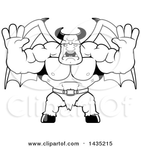 Clipart of a Cartoon Black and White Lineart Buff Muscular Demon Holding His Hands up and Screaming - Royalty Free Vector Illustration by Cory Thoman