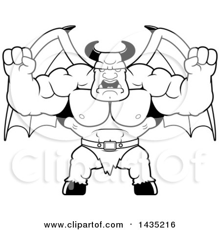 Clipart of a Cartoon Black and White Lineart Buff Muscular Demon Holding His Fists in Balls of Rage - Royalty Free Vector Illustration by Cory Thoman