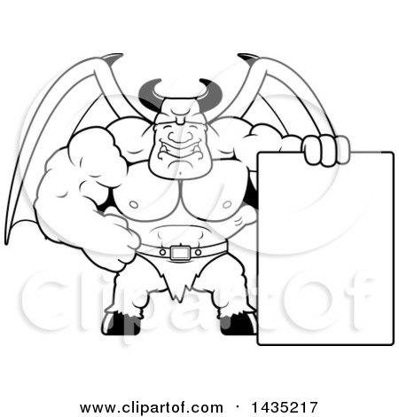 Clipart of a Cartoon Black and White Lineart Buff Muscular Demon with a Blank Sign - Royalty Free Vector Illustration by Cory Thoman