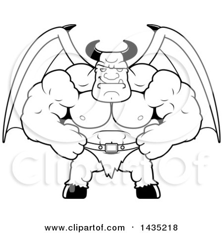 Clipart of a Cartoon Black and White Lineart Smug Buff Muscular Demon - Royalty Free Vector Illustration by Cory Thoman