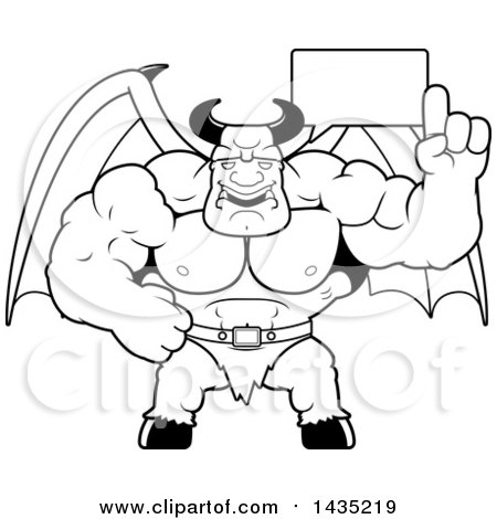 Clipart of a Cartoon Black and White Lineart Buff Muscular Demon Talking - Royalty Free Vector Illustration by Cory Thoman
