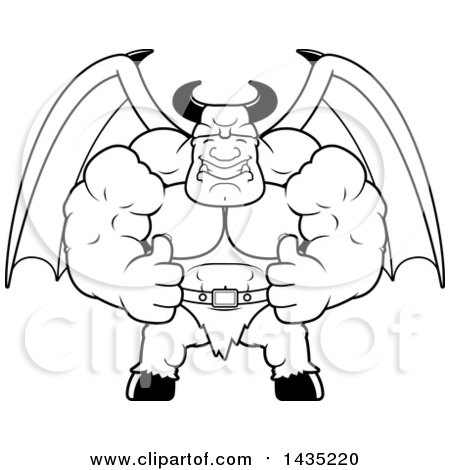 Clipart of a Cartoon Black and White Lineart Buff Muscular Demon Giving Two Thumbs up - Royalty Free Vector Illustration by Cory Thoman