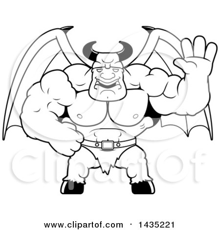 Clipart of a Cartoon Black and White Lineart Buff Muscular Demon Waving - Royalty Free Vector Illustration by Cory Thoman