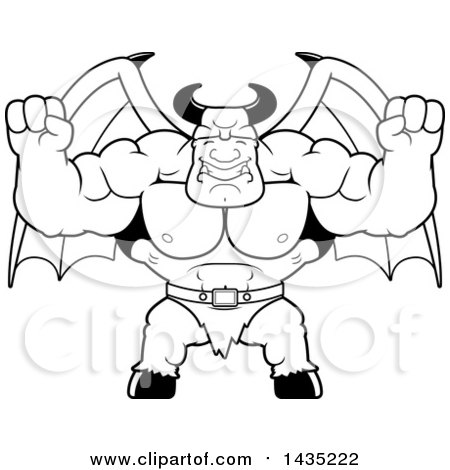 Clipart of a Cartoon Black and White Lineart Buff Muscular Demon Cheering - Royalty Free Vector Illustration by Cory Thoman