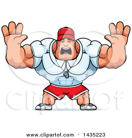 Clipart of a Cartoon Buff Muscular Sports Coach Holding His Hands up and Screaming - Royalty Free Vector Illustration by Cory Thoman
