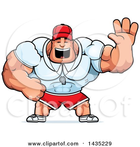 Clipart of a Cartoon Buff Muscular Sports Coach Waving - Royalty Free Vector Illustration by Cory Thoman