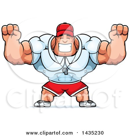 Clipart of a Cartoon Buff Muscular Sports Coach Cheering - Royalty Free Vector Illustration by Cory Thoman