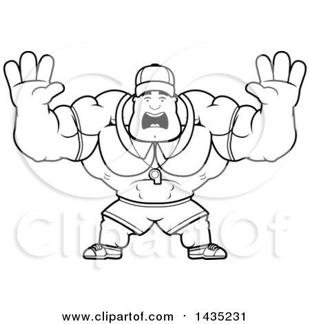 Clipart of a Cartoon Black and White Lineart Buff Muscular Sports Coach Holding His Hands up and Screaming - Royalty Free Vector Illustration by Cory Thoman