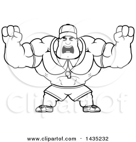 Clipart of a Cartoon Black and White Lineart Buff Muscular Sports Coach Holding His Fists in Balls of Rage - Royalty Free Vector Illustration by Cory Thoman