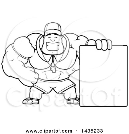 Clipart of a Cartoon Black and White Lineart Buff Muscular Sports Coach with a Blank Sign - Royalty Free Vector Illustration by Cory Thoman
