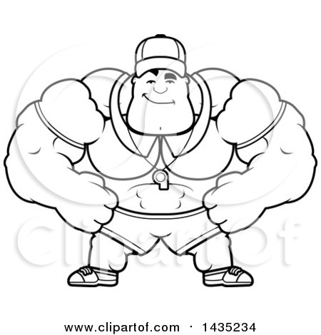 Clipart of a Cartoon Black and White Lineart Smug Buff Muscular Sports Coach - Royalty Free Vector Illustration by Cory Thoman