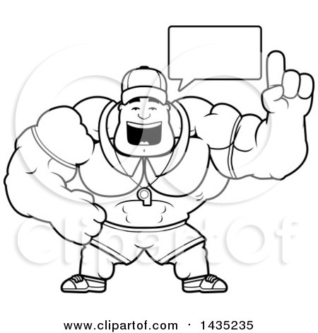 Clipart of a Cartoon Black and White Lineart Buff Muscular Sports Coach Talking - Royalty Free Vector Illustration by Cory Thoman