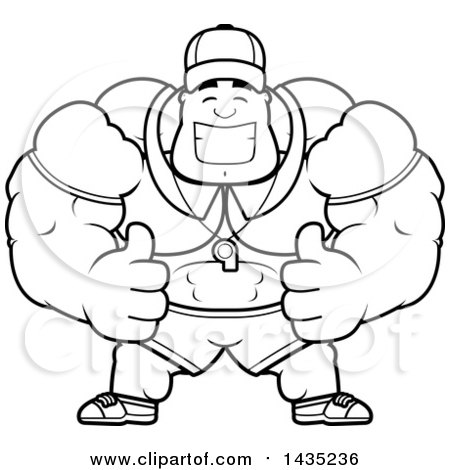 Clipart of a Cartoon Black and White Lineart Buff Muscular Sports Coach Giving Two Thumbs up - Royalty Free Vector Illustration by Cory Thoman
