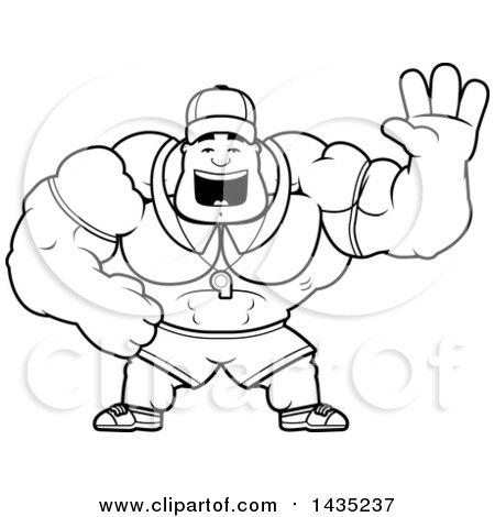 Clipart of a Cartoon Black and White Lineart Buff Muscular Sports Coach Waving - Royalty Free Vector Illustration by Cory Thoman