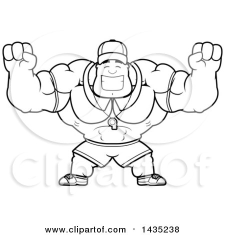 Clipart of a Cartoon Black and White Lineart Buff Muscular Sports Coach Cheering - Royalty Free Vector Illustration by Cory Thoman