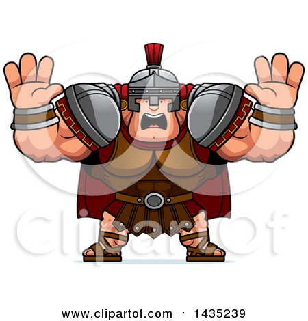 Clipart of a Cartoon Buff Muscular Centurion Soldier Holding His Hands up and Screaming - Royalty Free Vector Illustration by Cory Thoman