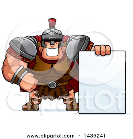 Clipart of a Cartoon Buff Muscular Centurion Soldier with a Blank Sign - Royalty Free Vector Illustration by Cory Thoman
