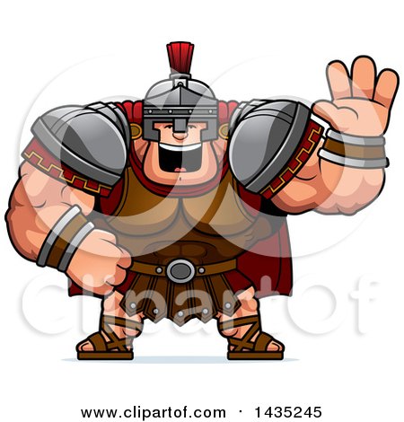 Clipart of a Cartoon Buff Muscular Centurion Soldier Waving - Royalty Free Vector Illustration by Cory Thoman