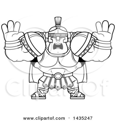 Clipart of a Cartoon Black and White Lineart Buff Muscular Centurion Soldier Holding His Hands up and Screaming - Royalty Free Vector Illustration by Cory Thoman